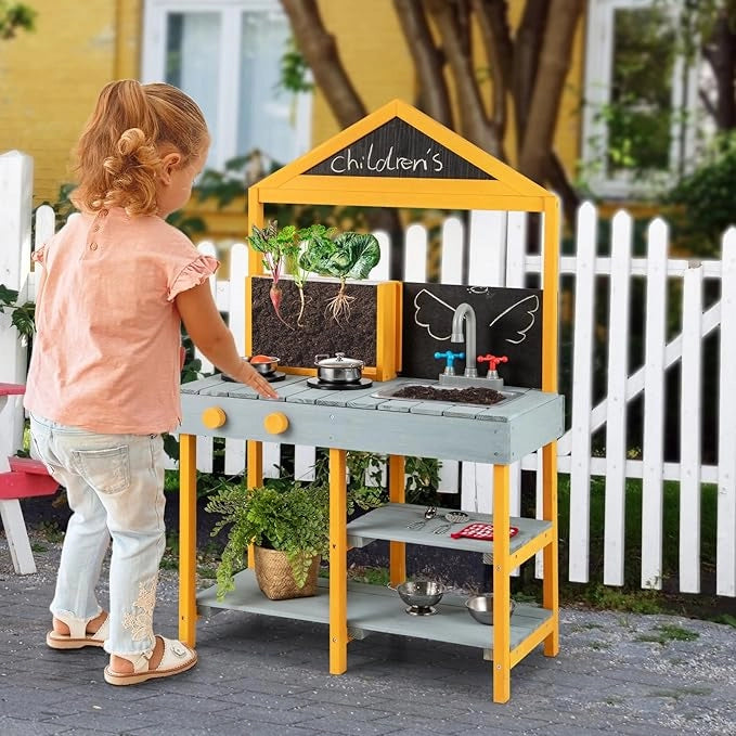 Cucina Giocattolo per Giardino con Vaso da Piantinaggio Trasparente, Rubinetto e Lavandino Rimovibile, Cucina in Legno di Abete per Bambini, Set Cucina con 8 Accessori (Blu e Arancio)