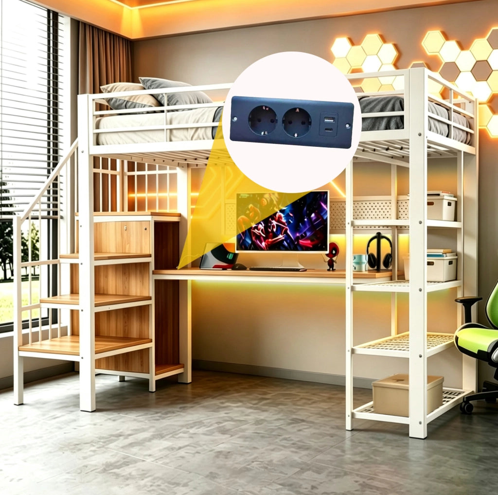 Letto a soppalco 90x200 cm con scrivania, scala contenitore, LED e prese