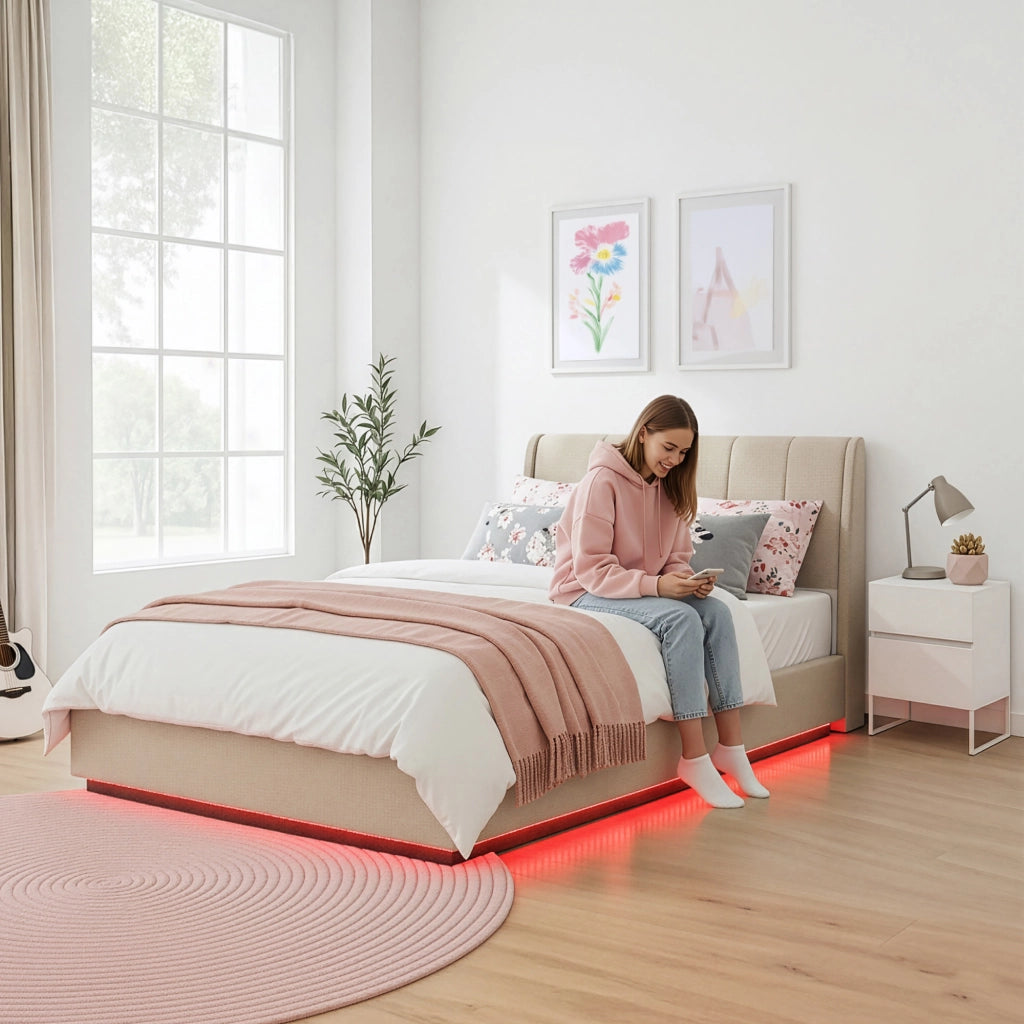 Letto Contenitore Tröstiar con Apertura a Ribalta e Luce LED Letto Doppio Matrimoniale 180x200 cm Beige [en.casa]