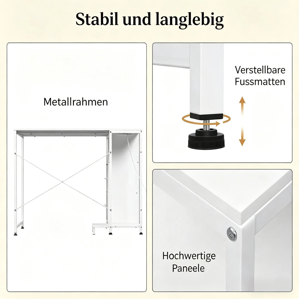 Scrivania angolare reversibile con presa multipla e vani aperti in legno metallo e tessuto bianco 80 × 120 × 75 cm