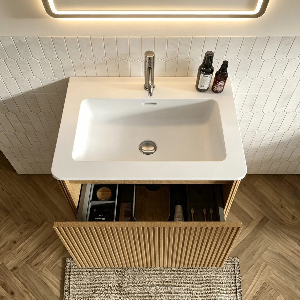 Armadietto da bagno sospeso con lavabo, specchio LED e armadietto laterale, per bagno, in rovere, 60 cm