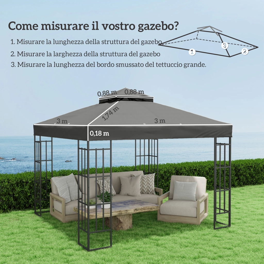 Telo per Gazebo da Giardino 3x3m UPF30+ a 2 Livelli in Poliestere Grigio Scuro