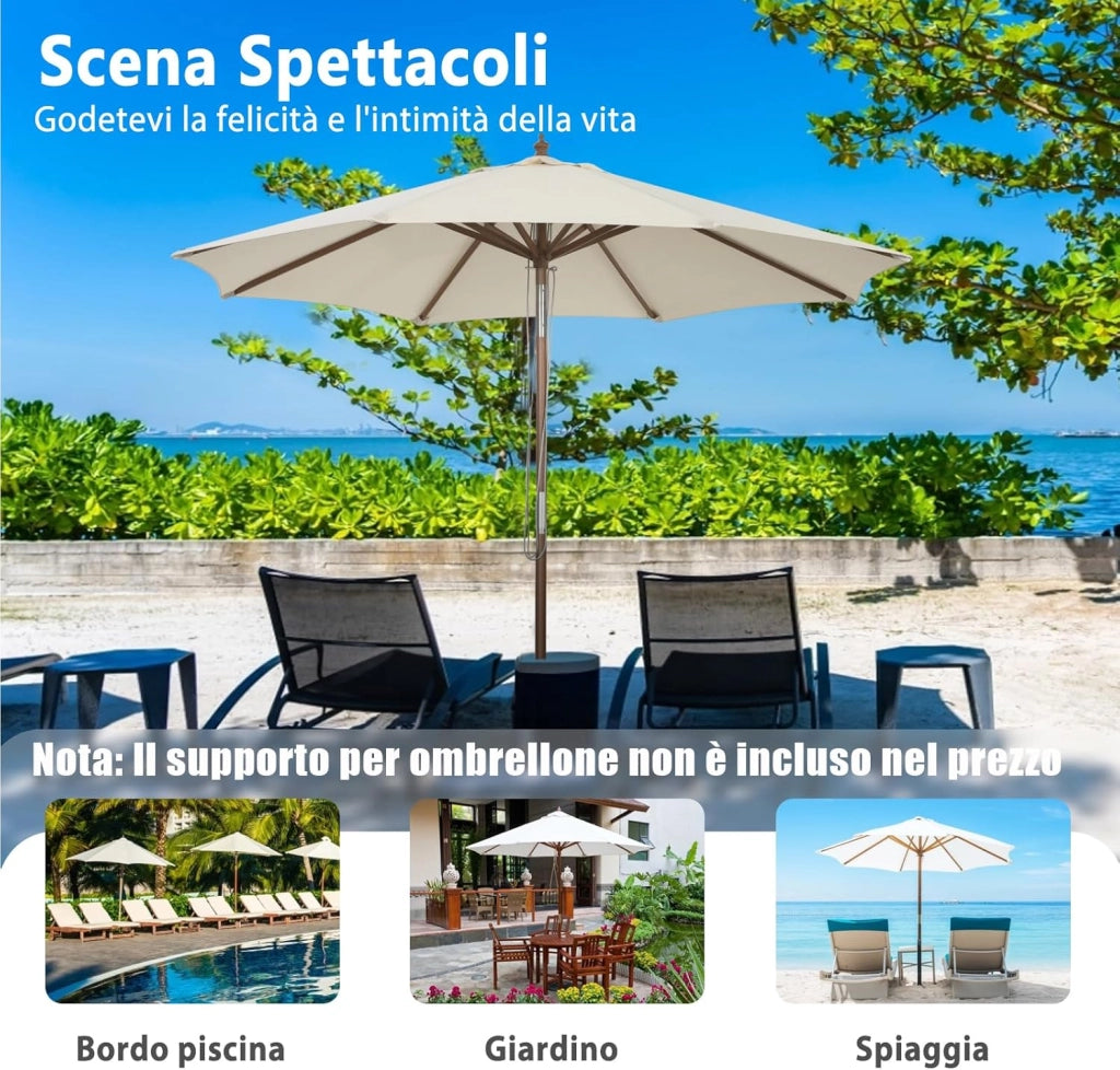 Ombrellone da Giardino, Con Struttura di Legno a Carrucola, Inclinazione Regolabile, Per Giardino,Cortile, Piscina e Bar, Beige (2,7 m)