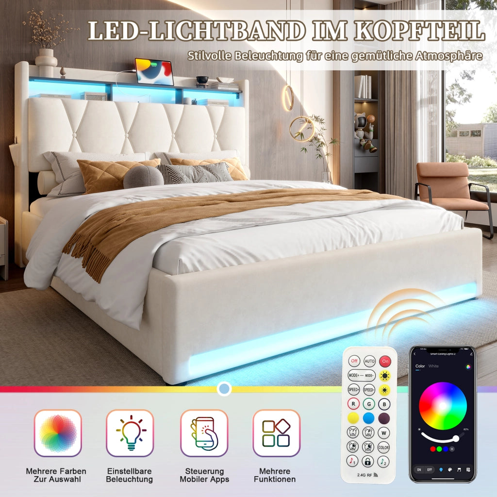 OKWISH Letto Contenitore 160×200 cm, Letto Matrimoniale con LED Regolabile, USB, Tipo C e Mensole, senza Materasso, in Velluto, Beige
