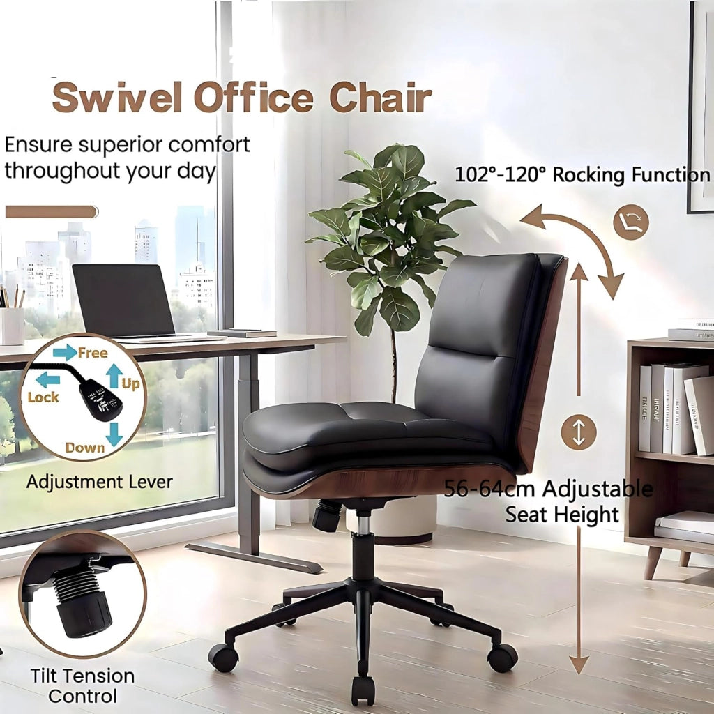 Sedia da Ufficio Girevole, Regolabile in Altezza, Sedia Ergonomica Scrivania con Schienale e Cuscini Imbottiti, Poltrona senza Braccioli con Ruote, per Lavoro, Studio e Relax (Nero)