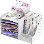 Organizzatore per cartelle, contenitore per fogli A4, cassetta per ufficio a 4 livelli, organizzatore per scrivania e documenti con cassetta ripiegabile, organizzatore per scrivania e documenti con contenitore per penne (bianco)