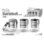Trade Shop - Tris Barattoli Barattolino 750ml 11x14cm Vetro Sale Zucchero Caffe 772016 Acciaio -