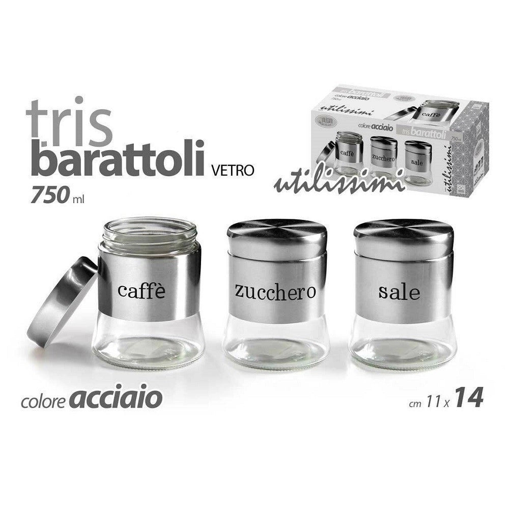 Trade Shop - Tris Barattoli Barattolino 750ml 11x14cm Vetro Sale Zucchero Caffe 772016 Acciaio -