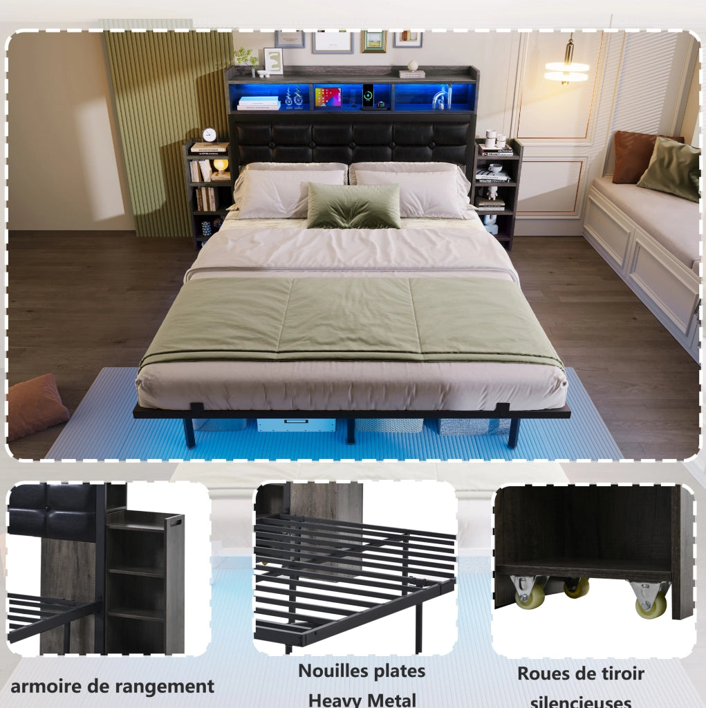 Letto matrimoniale LED 140x190 cm con testiera; USB/USB-C e 2 comodini estraibili grigio