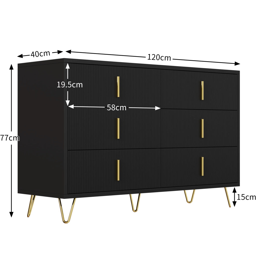 Credenza con 6 Cassetti e Gambe in Metallo; Frontale Ondulato; Stile Moderno; in Pannello Truciolare; 120??40??77 cm; Nero Oro