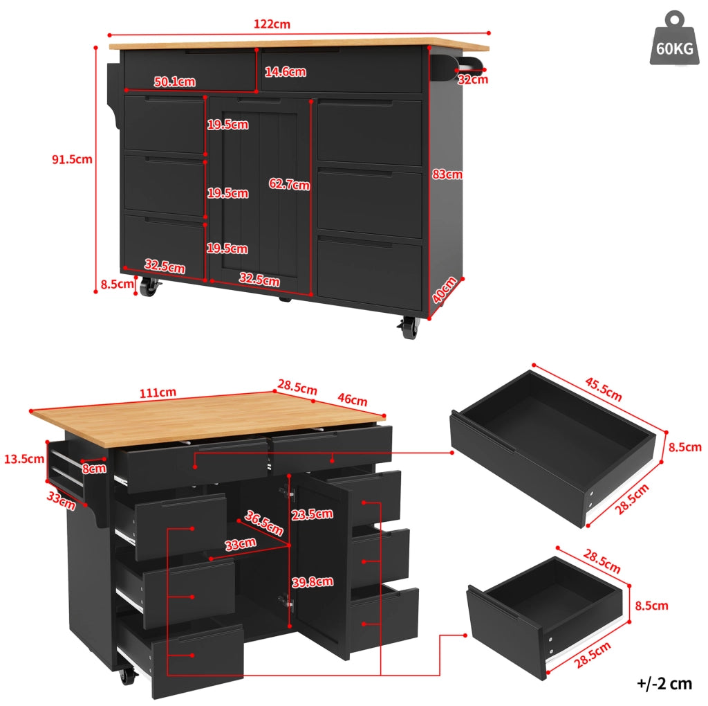 Isola da cucina 122x74.5x91.5 cm pieghevole; 8 cassetti; MDF nero