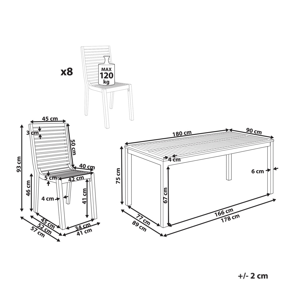Set da pranzo da giardino Tavolo in legno di acacia marrone chiaro 180 x 90 cm 8 Sedie da esterno senza braccioli Stile rustico