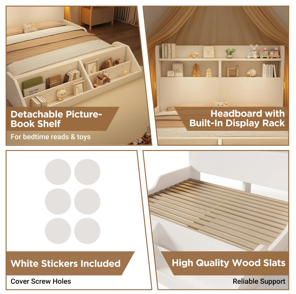 Letto matrimoniale 140x200 cm in legno bianco con luci notturne e ripiani
