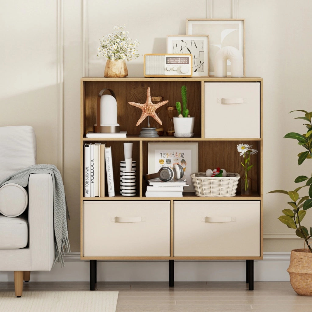 Libreria organizzatore autoportante gambe metallo soggiorno-Armadietto contenitore 6 cubi scaffale 3 livelli 3 cassetti tessuto Legno naturale