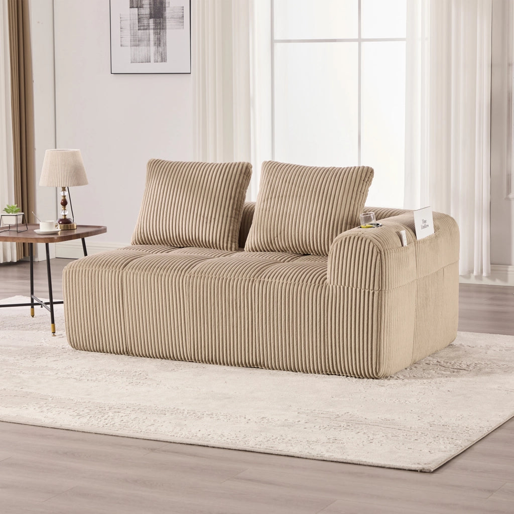 Divano a 2 posti in corduroy con tasche laterali e portabicchieri, schiuma ad alta densità e molle, khaki