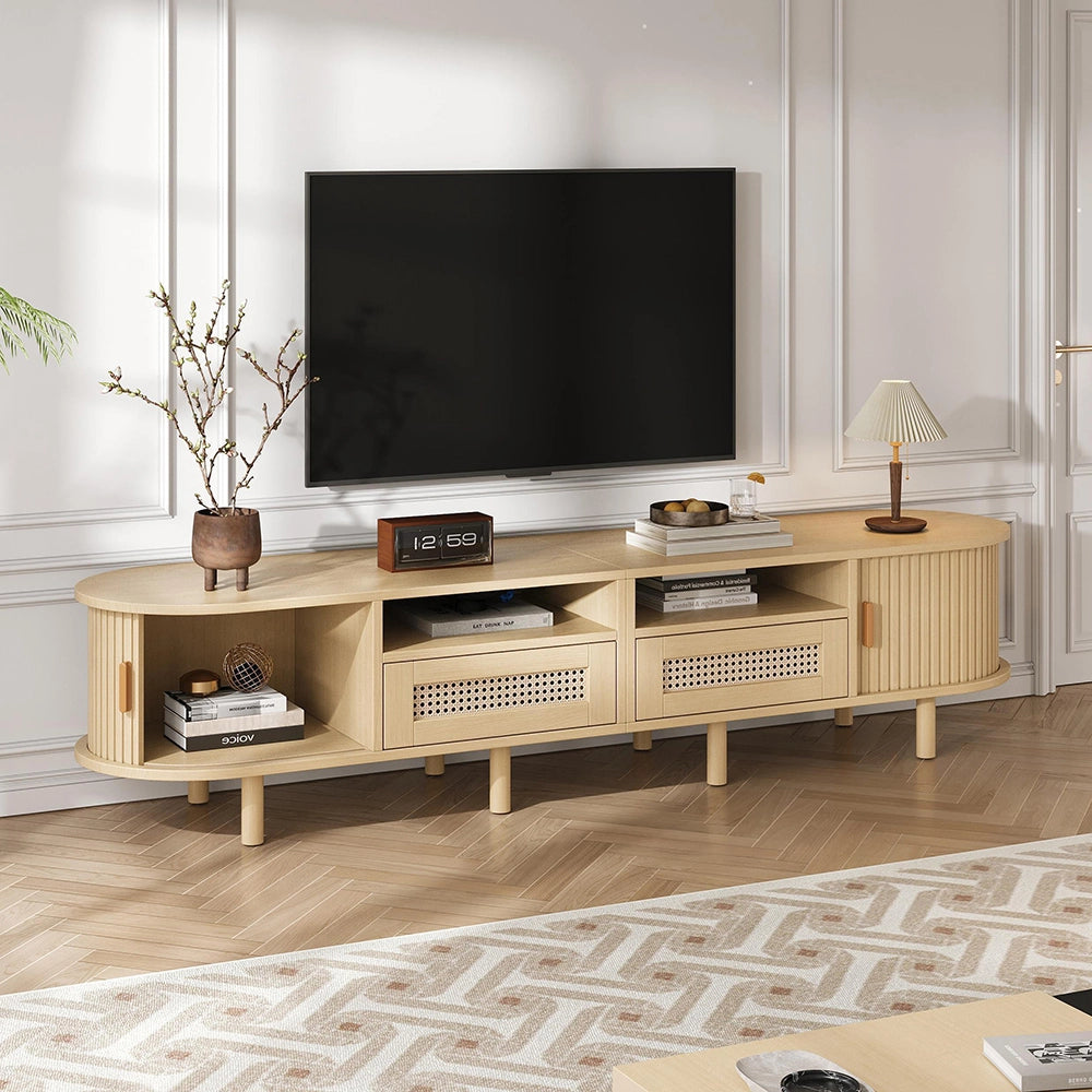 Mobile TV Ovale 170x40x40cm - Xylo - 2 Cassetti in Vimini, 2 Ante Scorrevoli, Legno