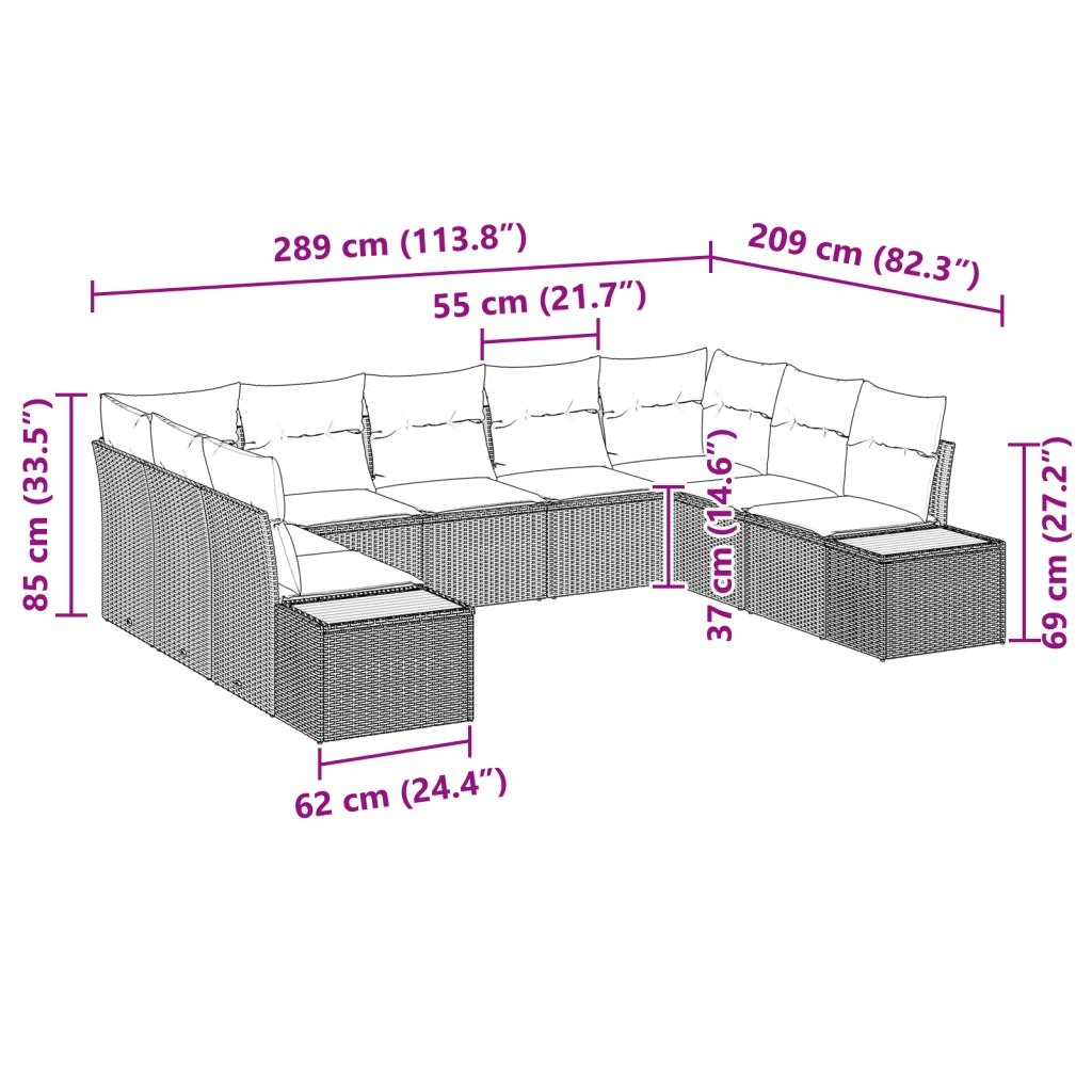 Set divano da giardino 9 pezzi con cuscini Grigio Polyrattan Acacia