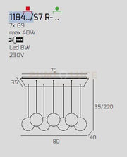 SOSPENSIONE CROMO 7 LUCI RETTANGOLARE VETRI 4X FU + 3X BR 1184CR-S7 R-FB