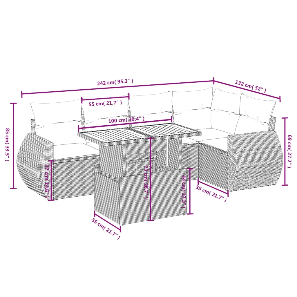 Set Divano da Giardino 6 pz con Cuscini Nero in Polyrattan 3272183