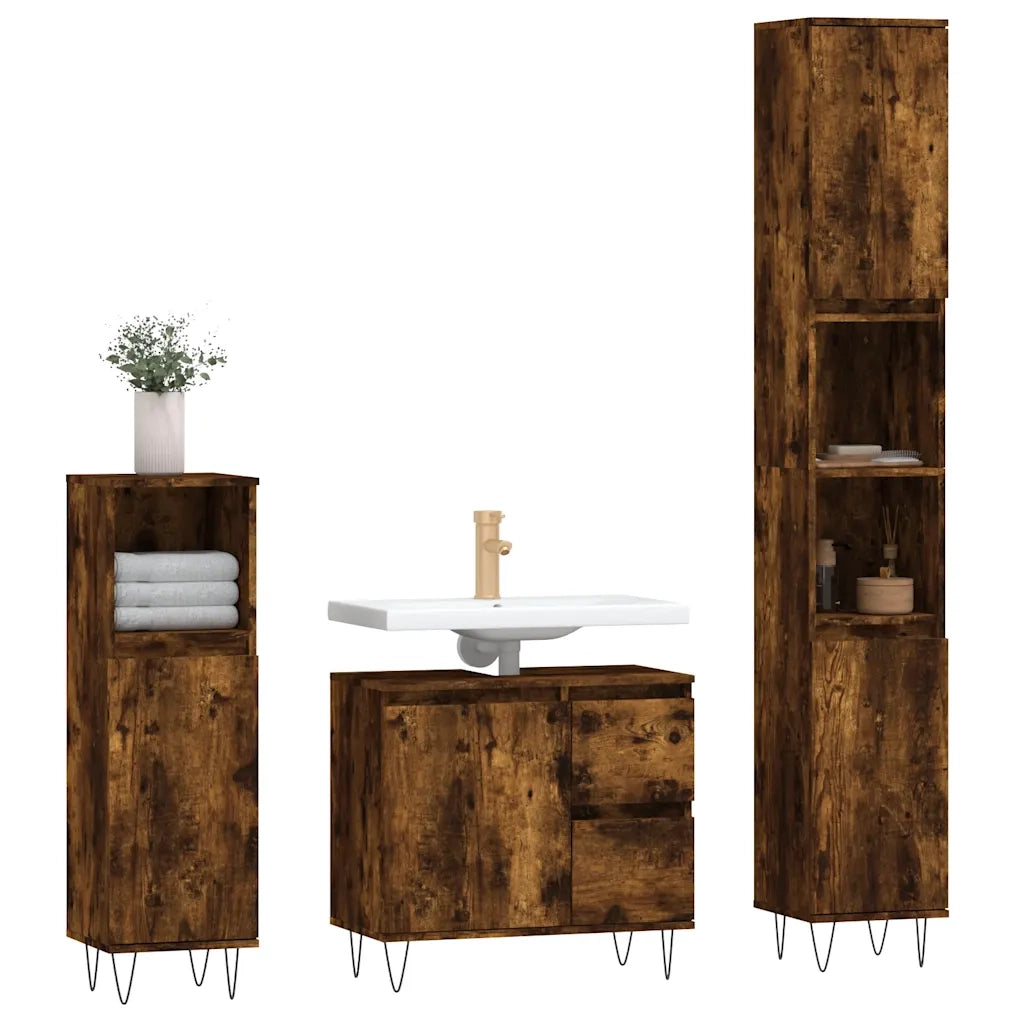 Set Mobili da Bagno 3 pz Rovere Fumo in Legno Multistrato 3190226