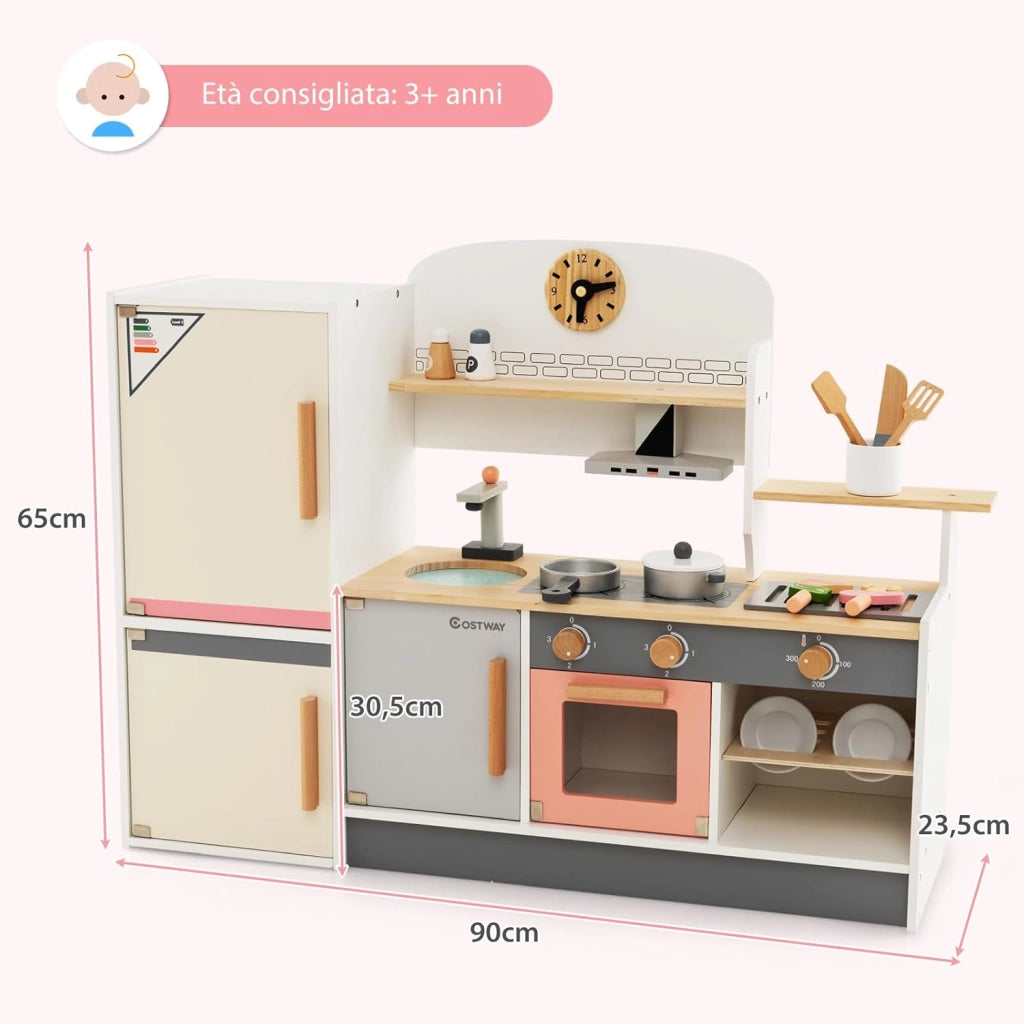Cucina Giocattolo per Bambini, Set da Cucina in Legno con Cappa Aspirante e Frigorifero Realistici, con Utensili da Cucina in Legno, per Bambini 3+ Anni
