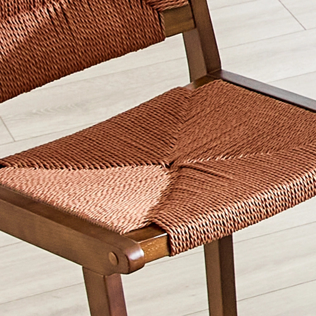 Sgabello da bar con schienale ergonomico e seduta intrecciata in legno - noce