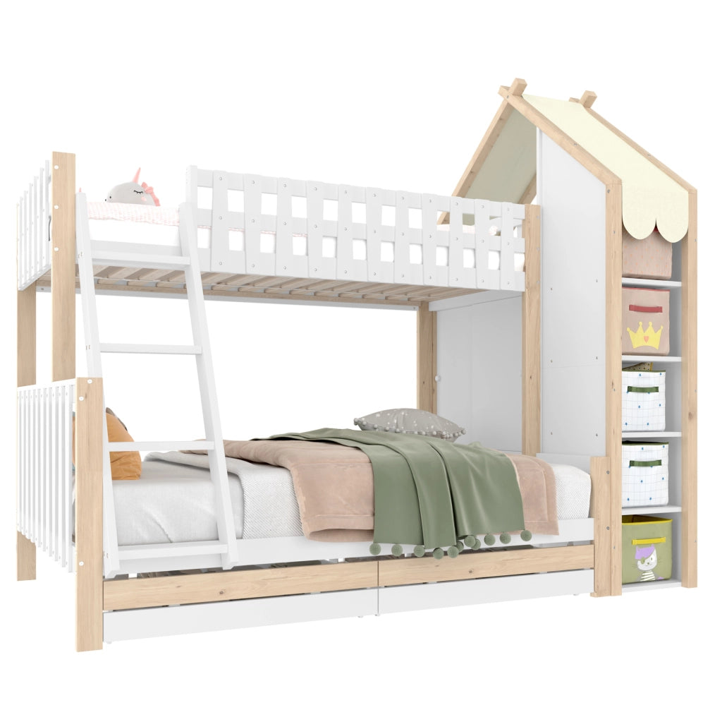 Letto a castello per bambini 90x200 cm + 140x200 cm con scala; 2 cassetti e contenitori; bianco e naturale