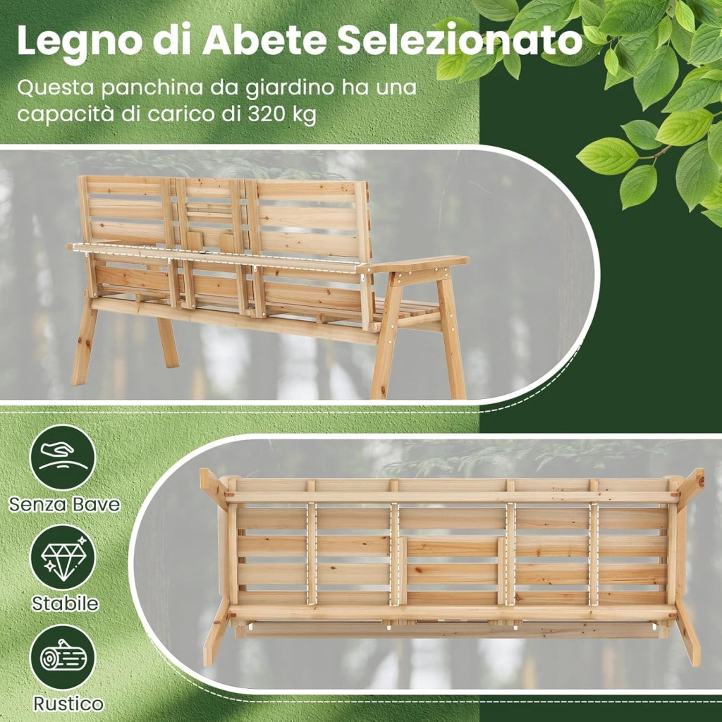 Panchina da Giardino in Legno, Panca Abete 2 o 3 Posti, 160 x 64 x 86 cm, Tavolino Convertibile in Seduta, Panca per Veranda, con Schienale, Braccioli, Portata 300 kg (Naturale)
