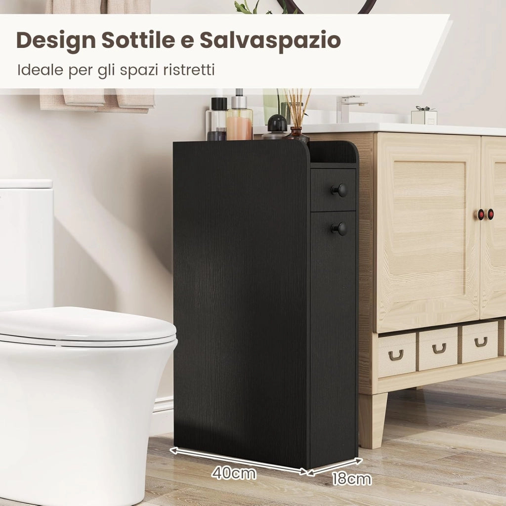 Mobile da Bagno Piccolo, Mobiletto Salvaspazio Stretto con 2 Cassetti e 2 Ruote Girevoli, Credenza Sottile da Terra Autoportante per Bagno, Cucina e Ufficio, 40 x 18 x 70 cm (Nero)