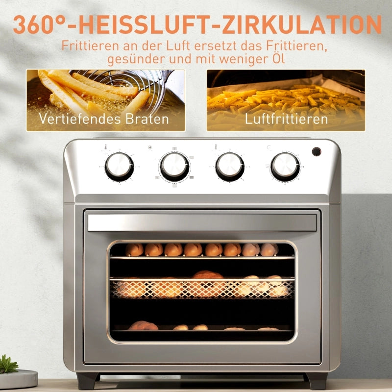 Mini forno con convezione, friggitrice ad aria, 6 modalit¨¤ di riscaldamento, timer, accessori, 24 litri, argento.