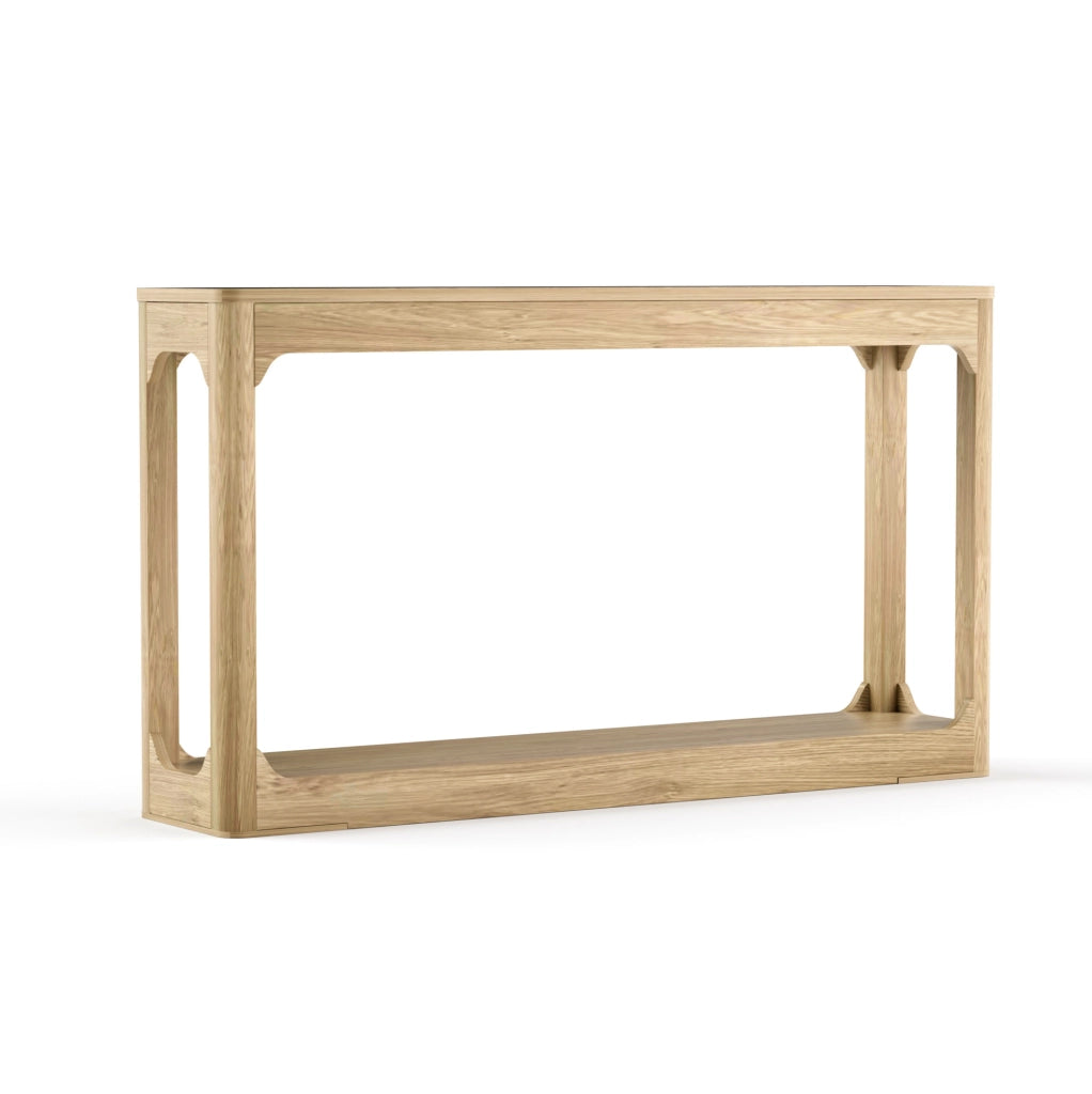 Tavolo consolle stretto 140 cm con ripiani aperti in MDF color naturale