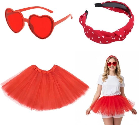 Set di costume per donna da carnevale a tre pezzi con tutù e gonna a tulle 40 cm con occhiali e bavaglio per stile anni '80 per carnevale, ballo e festa