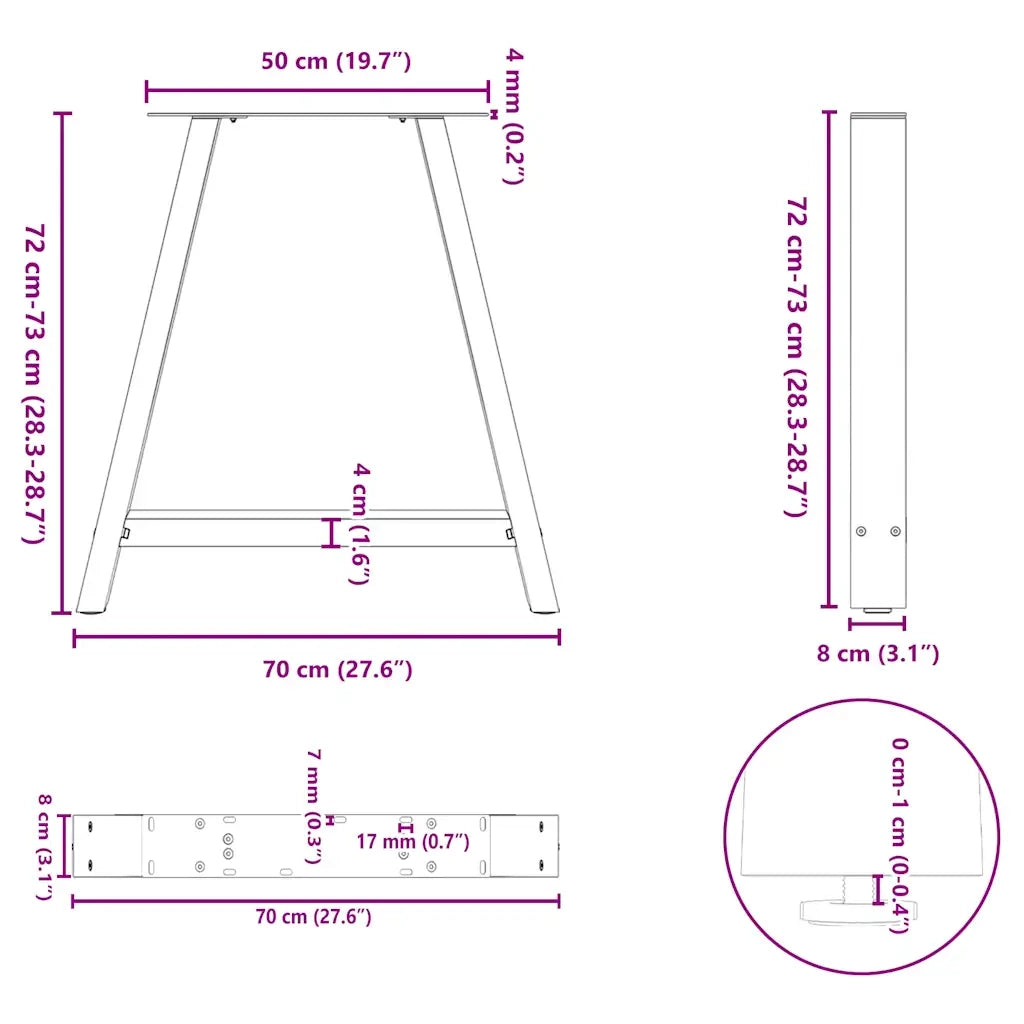 Gambe per tavolo da pranzo a forma di A 2 pz bianche 70x(72-73) cm in acciaio