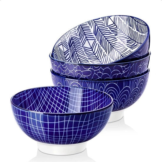 Set di porcellane a mano dipinte a grana fine, 14 oz, set da 4 pezzi, magnetron e lavastoviglie resistente, adatto per noodle, zuppa, insalata, dessert, pasta, frutta, gelato