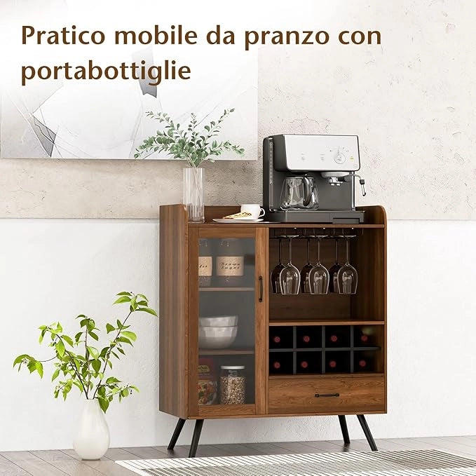 Credenza Cucina con Portabottiglie Rimovibile per 8 Vini e Porta Bicchieri, Mobile Bar in Legno con Anta e Cassetto Portaoggetti, Cantinetta Vino per Cucina, Sala da Pranzo e Soggiorno