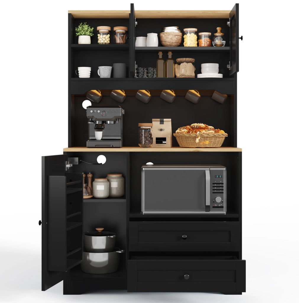 Credenza cucina multifunzione 100x40x163 cm con LED; prese; 2 cassetti e ripiani regolabili; nero