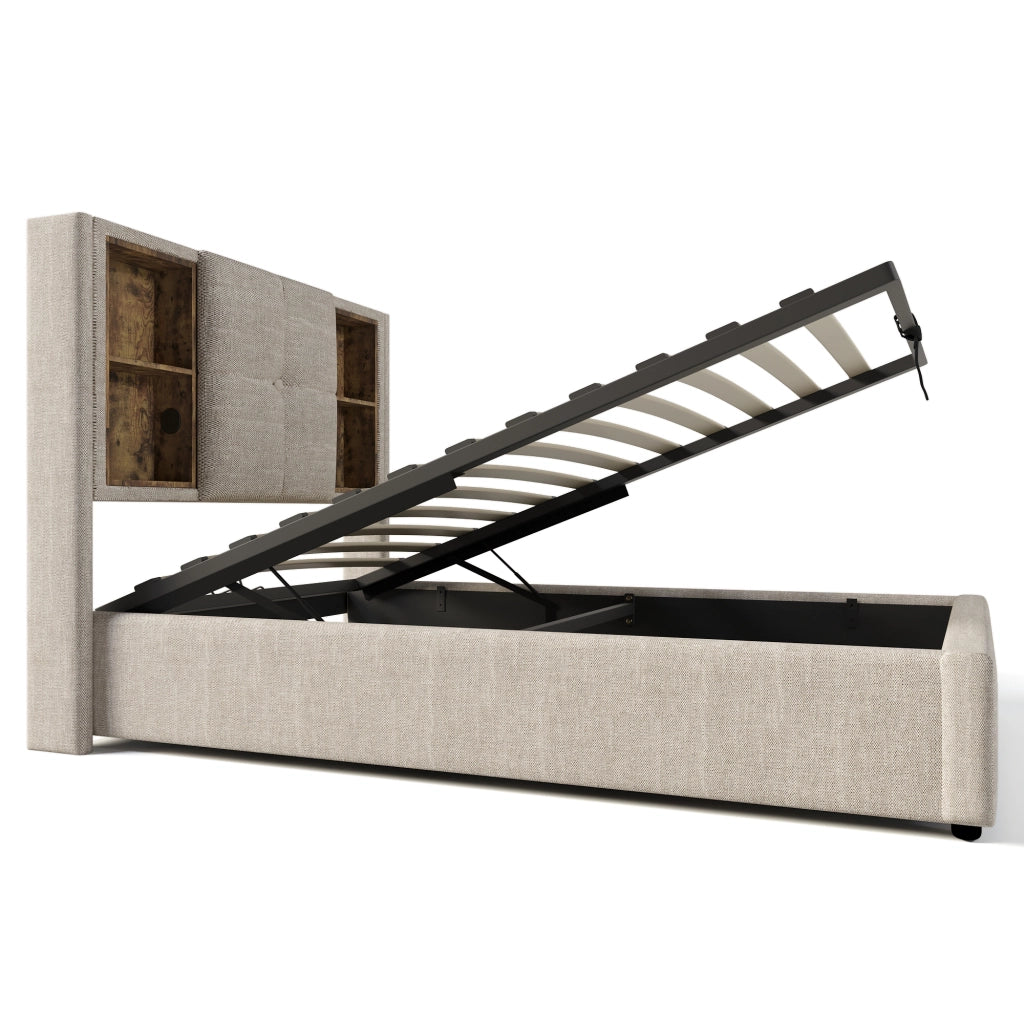 Letto imbottito 90x200 cm con ricarica wireless, USB-C, contenitore e struttura in lino naturale