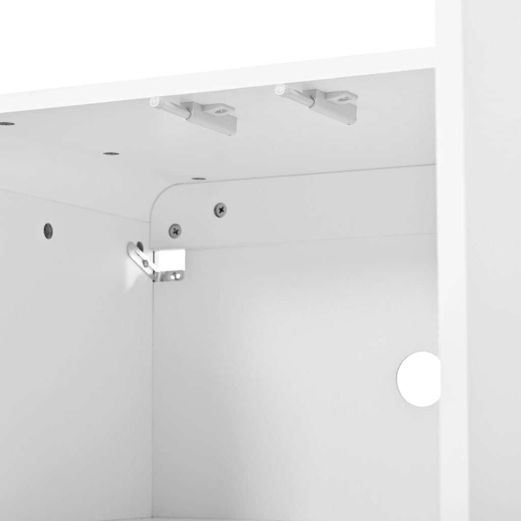 Mobile porta televisore bianco con ante, cassetti e angoli arrotondati, ampio spazio contenitivo