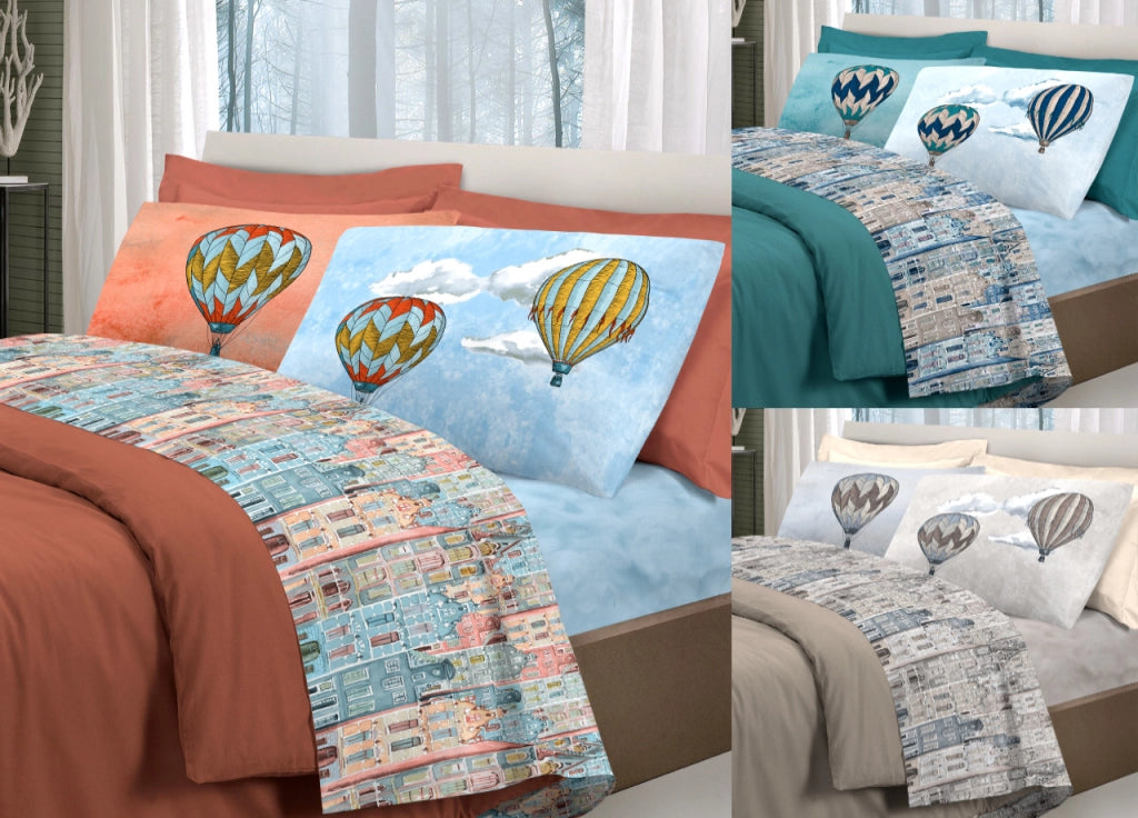 Completo Lenzuola Linea Pensieri Delicati 100% Cotone Disegno Volare - Matrimoniale - Azzurro