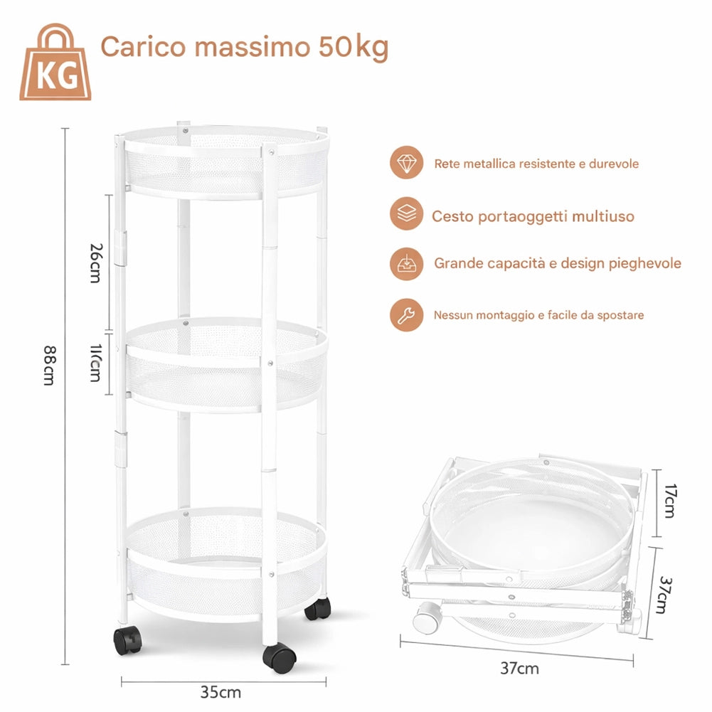 Carrello Pieghevole Salvaspazio Bianco con 3 Ripiani Organizer Versatile 88x35cm