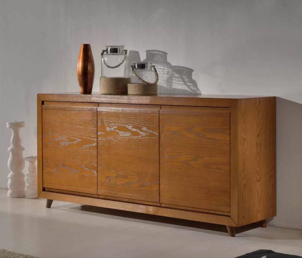 Credenza in frassino chiaro poro aperto semilucido 3 porte con con piede tornito l.179 p.46 h.87,5 - Mobili 2G