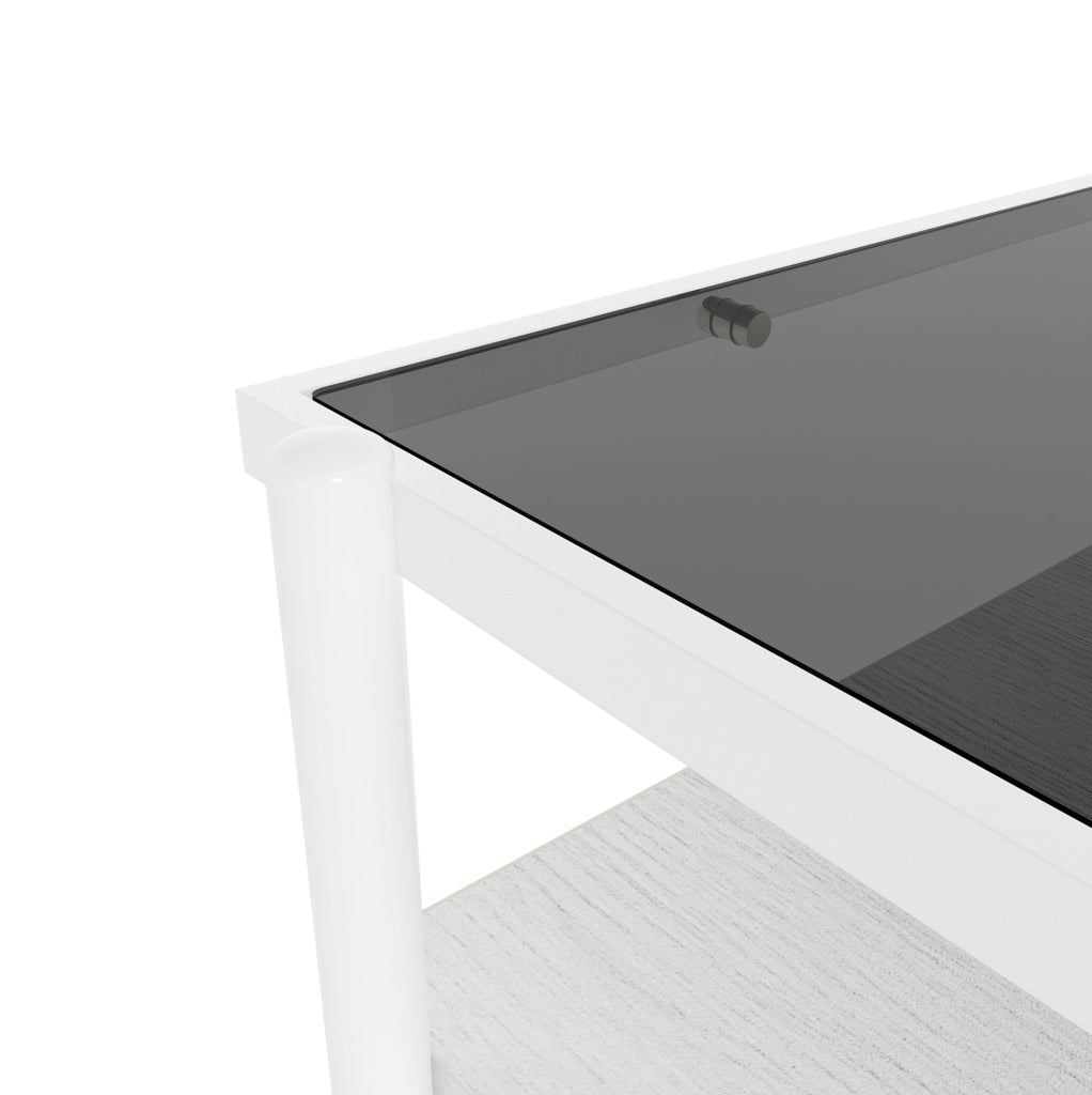 Tavolino da salotto con piano in vetro temperato e vano portaoggetti in MDF grigio e bianco