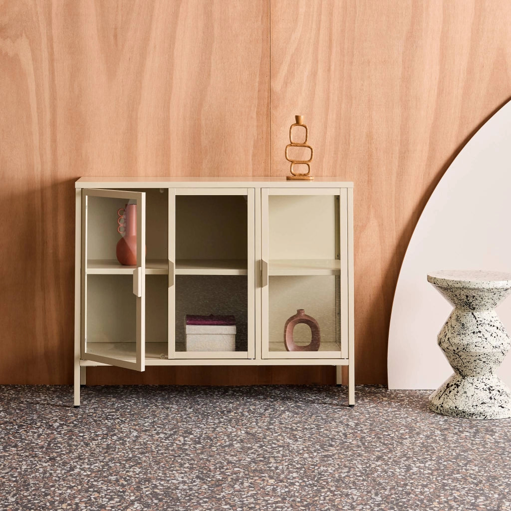 Credenza industriale in metallo e vetro temperato 3 ante, 100cm