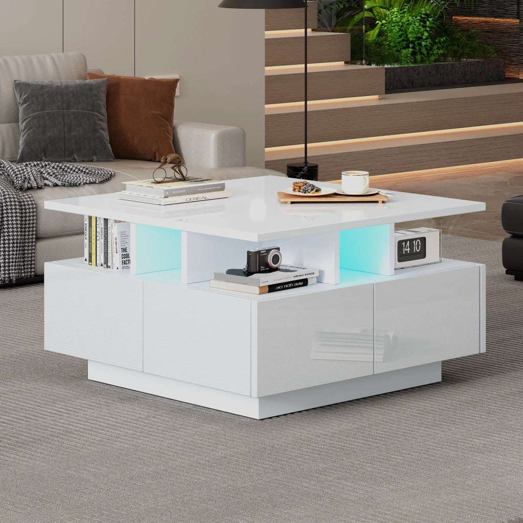 Tavolino da caff猫 70x70x40 cm; 4 cassetti con LED controllato da app; pannello truciolare bianco