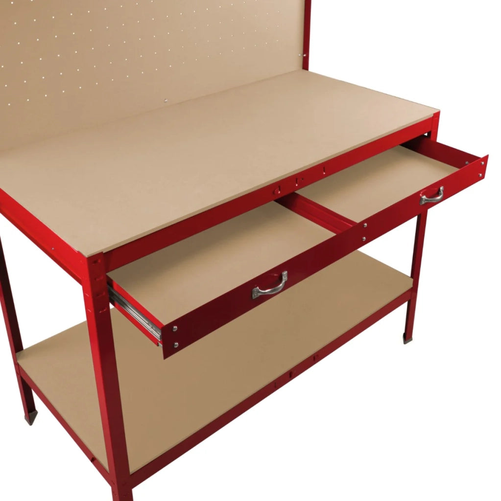 Banco da lavoro con cassetti multiuso da 120 cm con luce LED ripiani e opzioni di stoccaggio intelligenti per garage, officine e magazzini - Capacità di carico 200 kg - Rosso