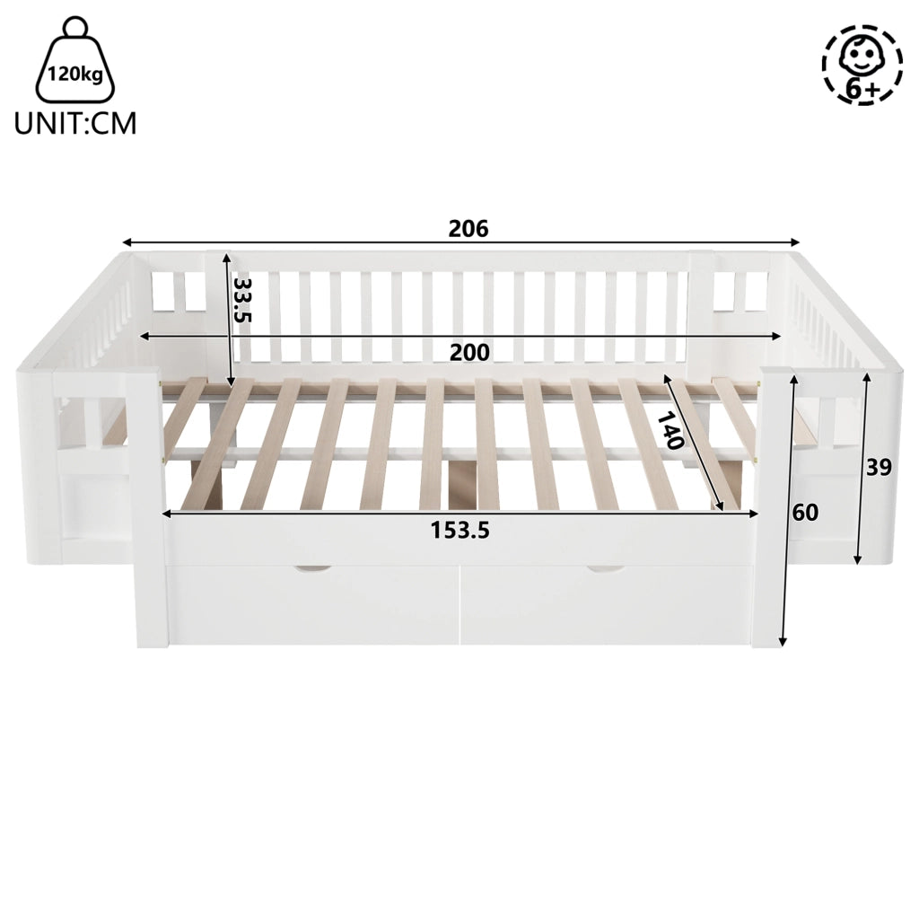 Letto per bambini 140x200 cm con sponde alte e 2 cassetti bianco HOMVRA