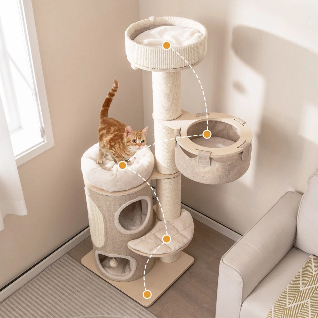 Albero per gatti da 154cm per gatti interni, Torre per gatti multi-livello con condominio a 2 piani Naturale-Alberi Tiragraffi