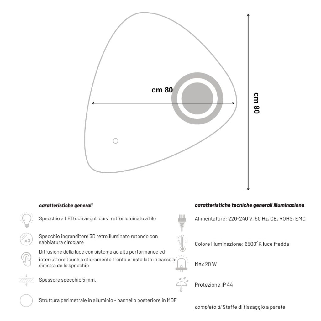 Specchio 5 mm triangolare smussato led interruttore touch alluminio mdf *** misure 80x80 cm, tonalità dimmerabile 27...