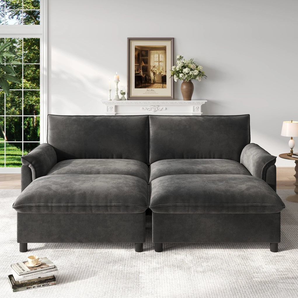 Divano in ciniglia grigio con pouf contenitore, 216 cm
