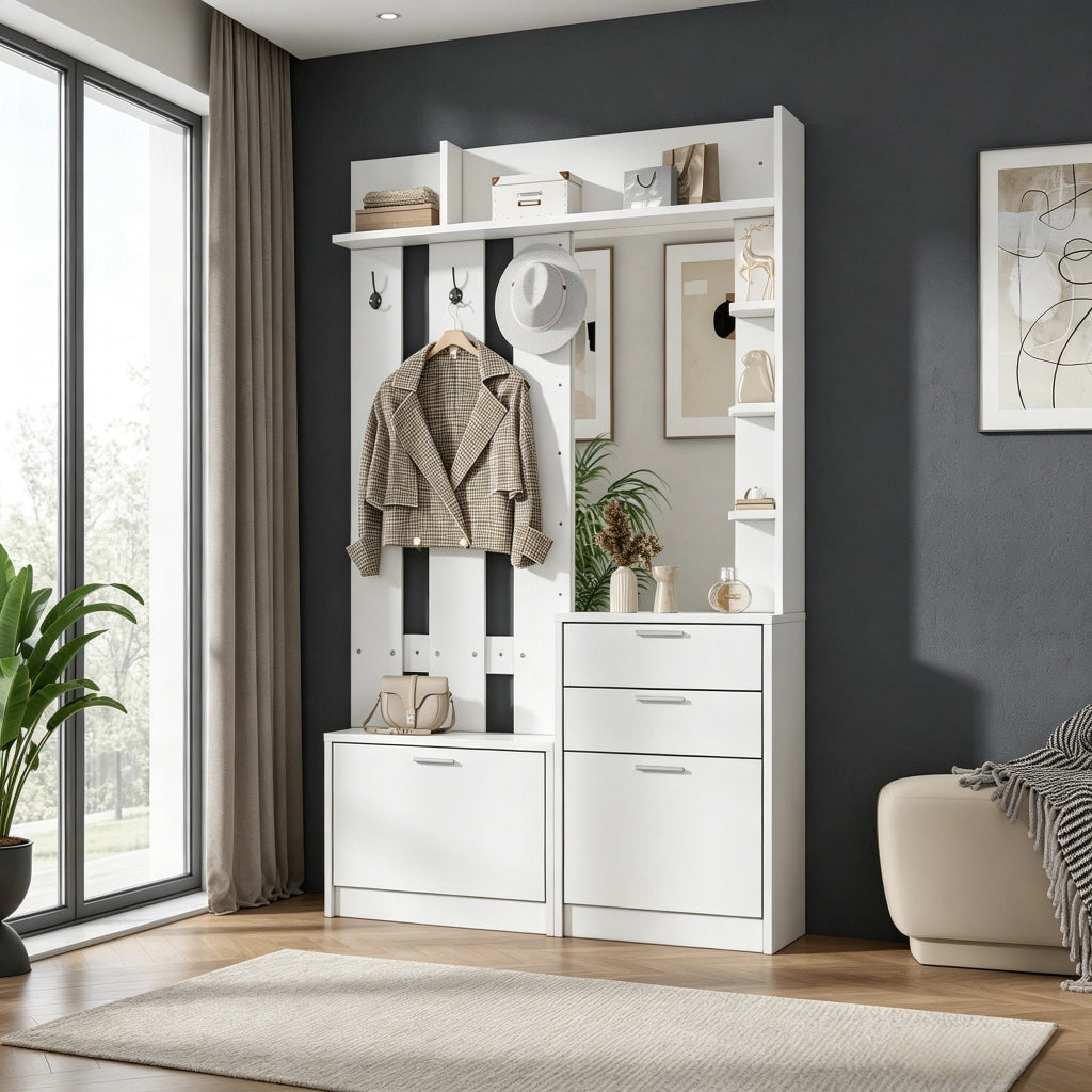 Mobile da ingresso multifunzione con specchio, 2 cassetti, scarpiere a ribalta in MDF bianco 110 × 34 × 185 cm